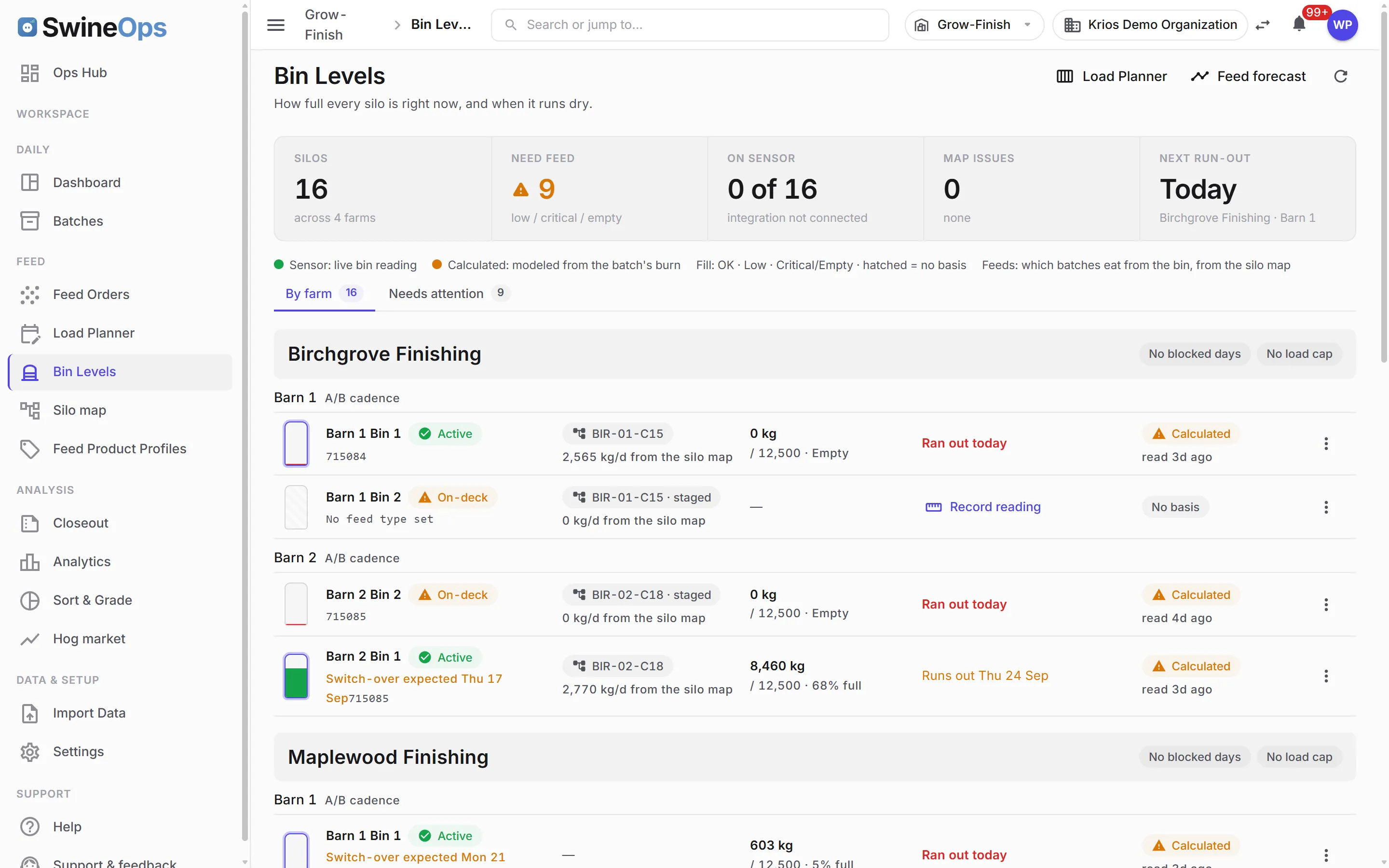 SwineOps Grow-Finish — Bin levels ledger