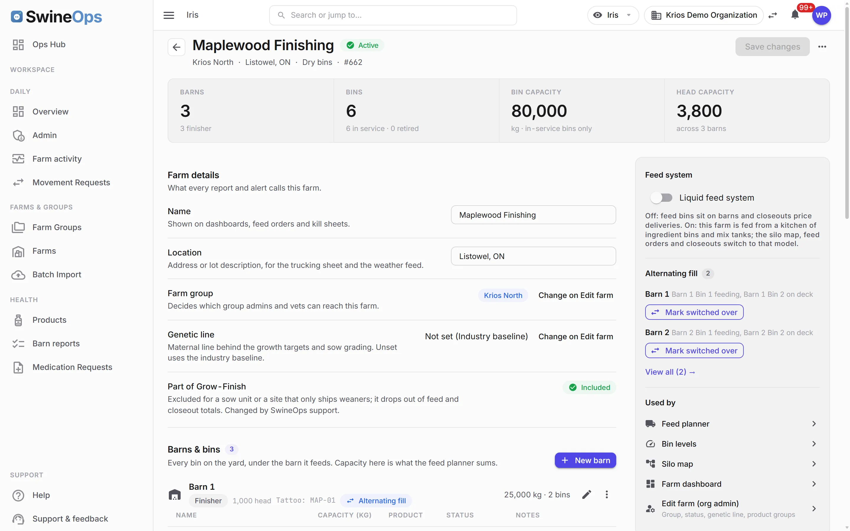 SwineOps Grow-Finish — Farm settings on one page
