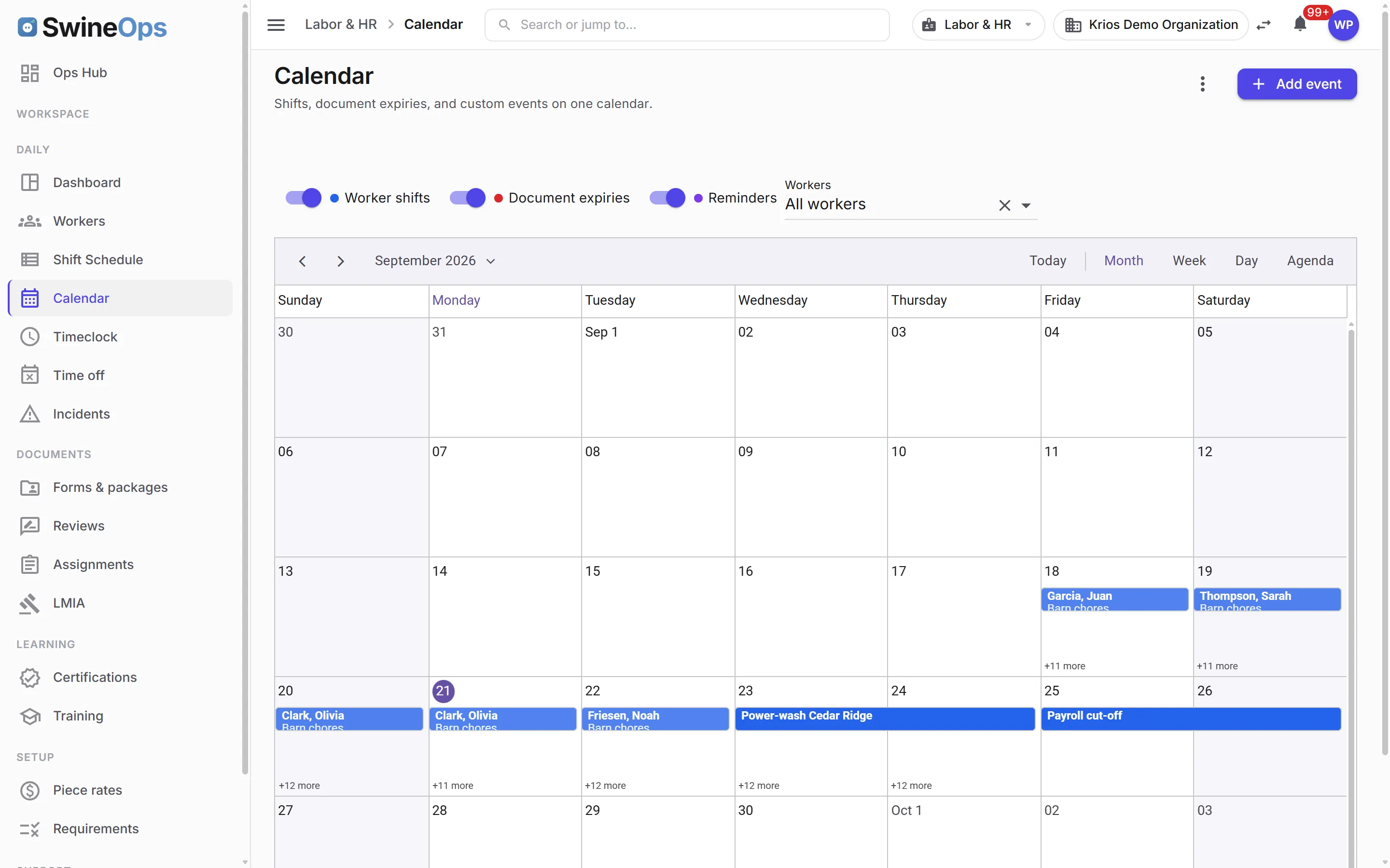 SwineOps Labor & HR — Team calendar