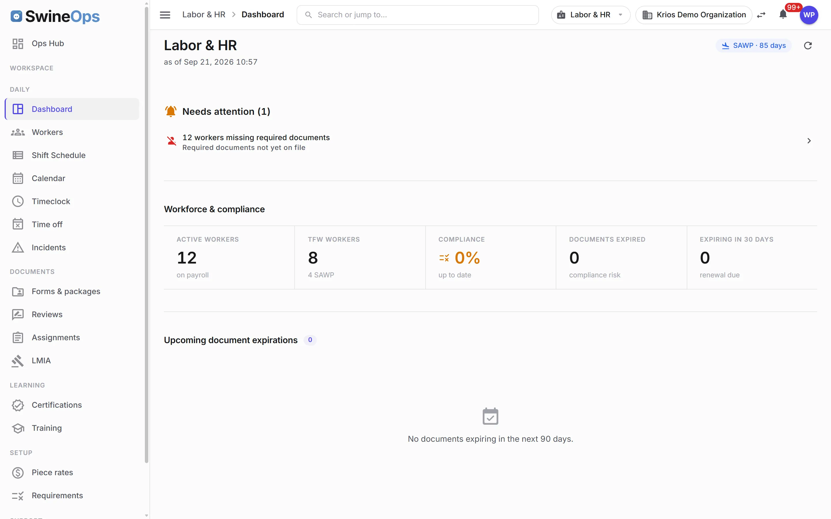 The SwineOps Labor & HR module — HR dashboard: workforce and compliance