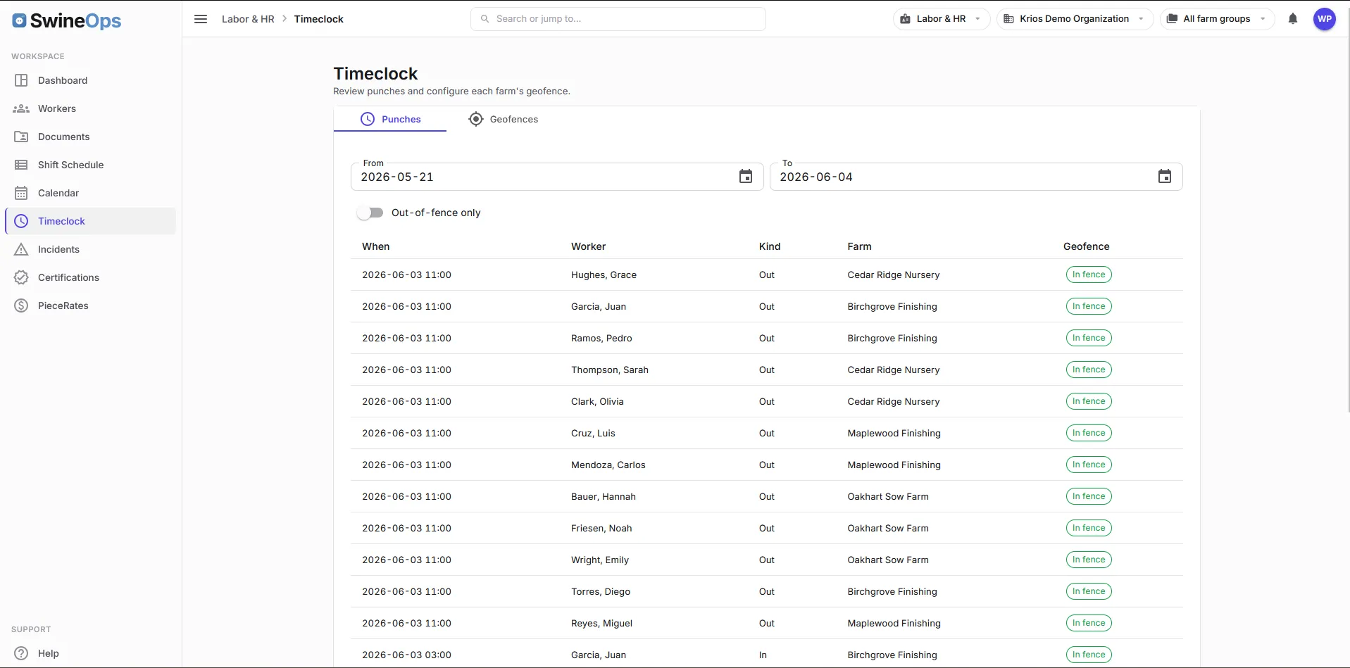 SwineOps Labor & HR — Mobile timeclock