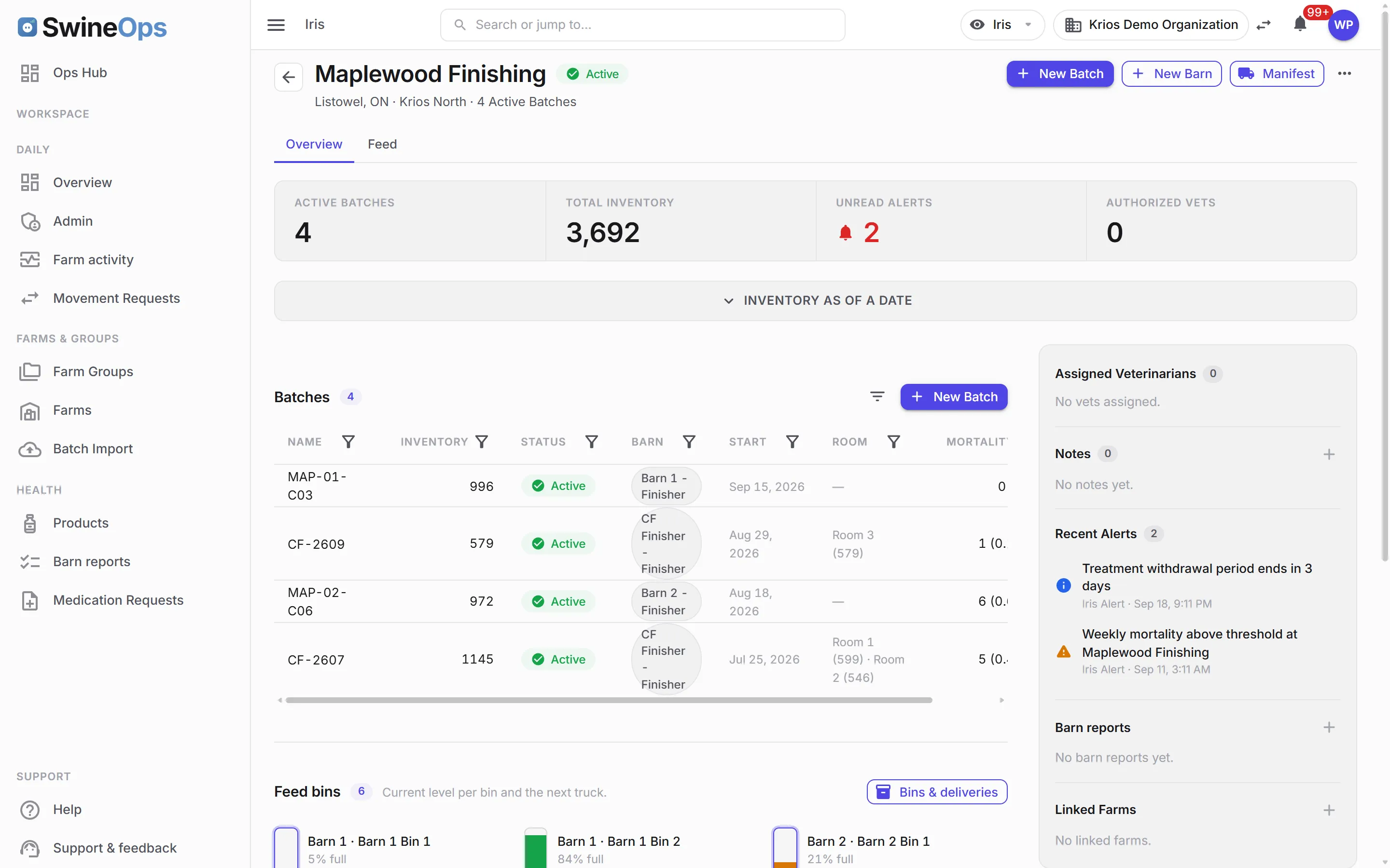 The SwineOps Health & Treatment module — Farm page: batches, alerts, bins and deliveries