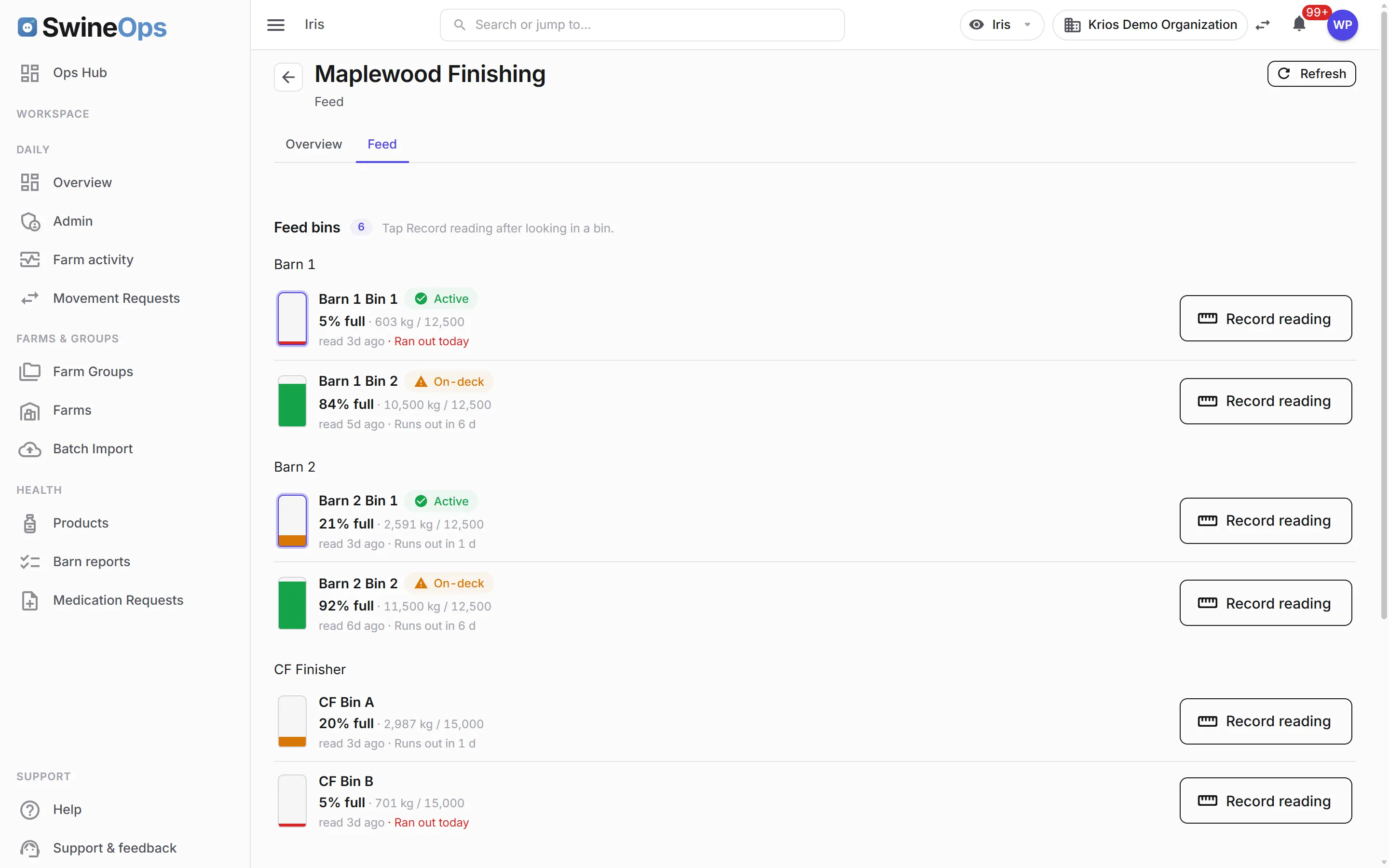 SwineOps Health & Treatment — Farm feed page: bin gauges and manual readings