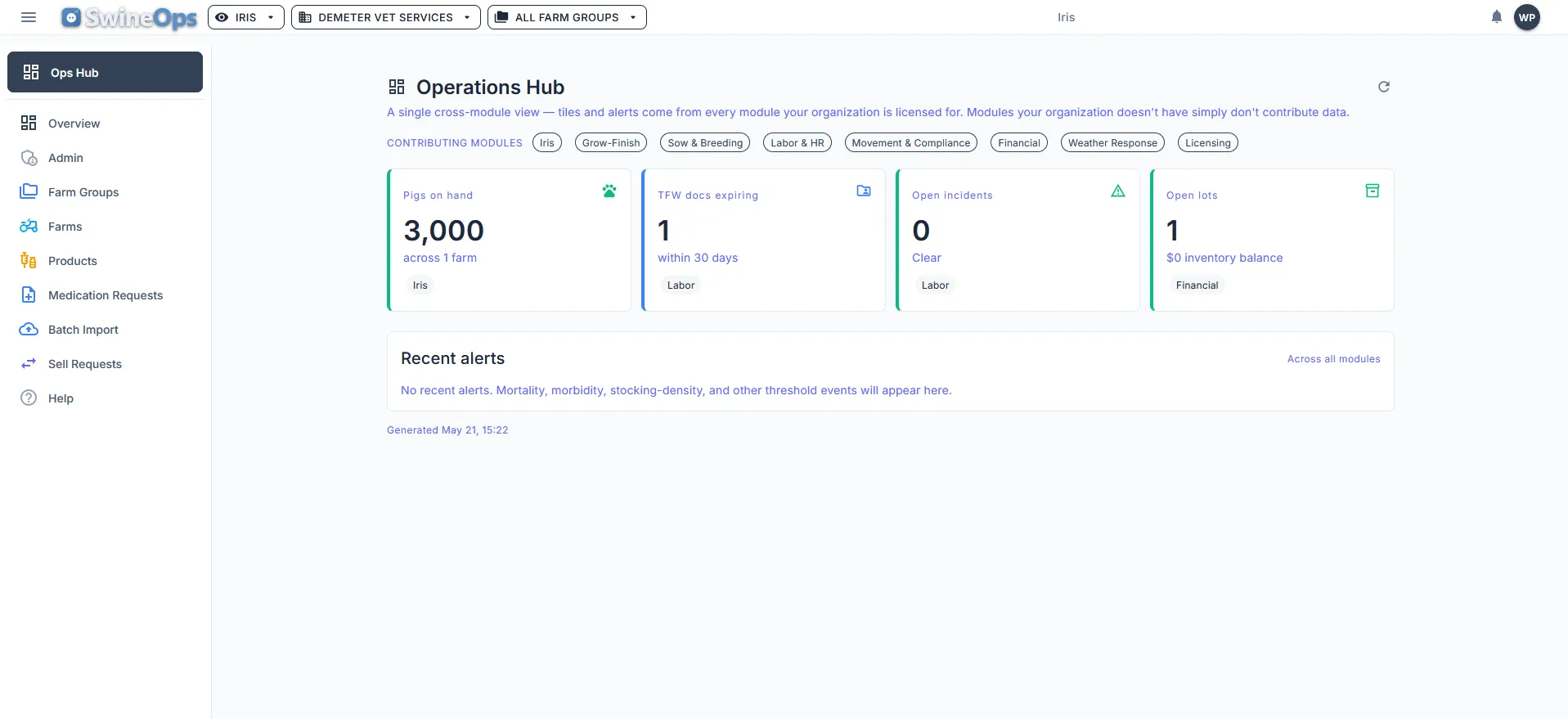 The SwineOps Operations Hub — a single cross-module dashboard showing pigs on hand, expiring documents, open incidents, and lots across every licensed module